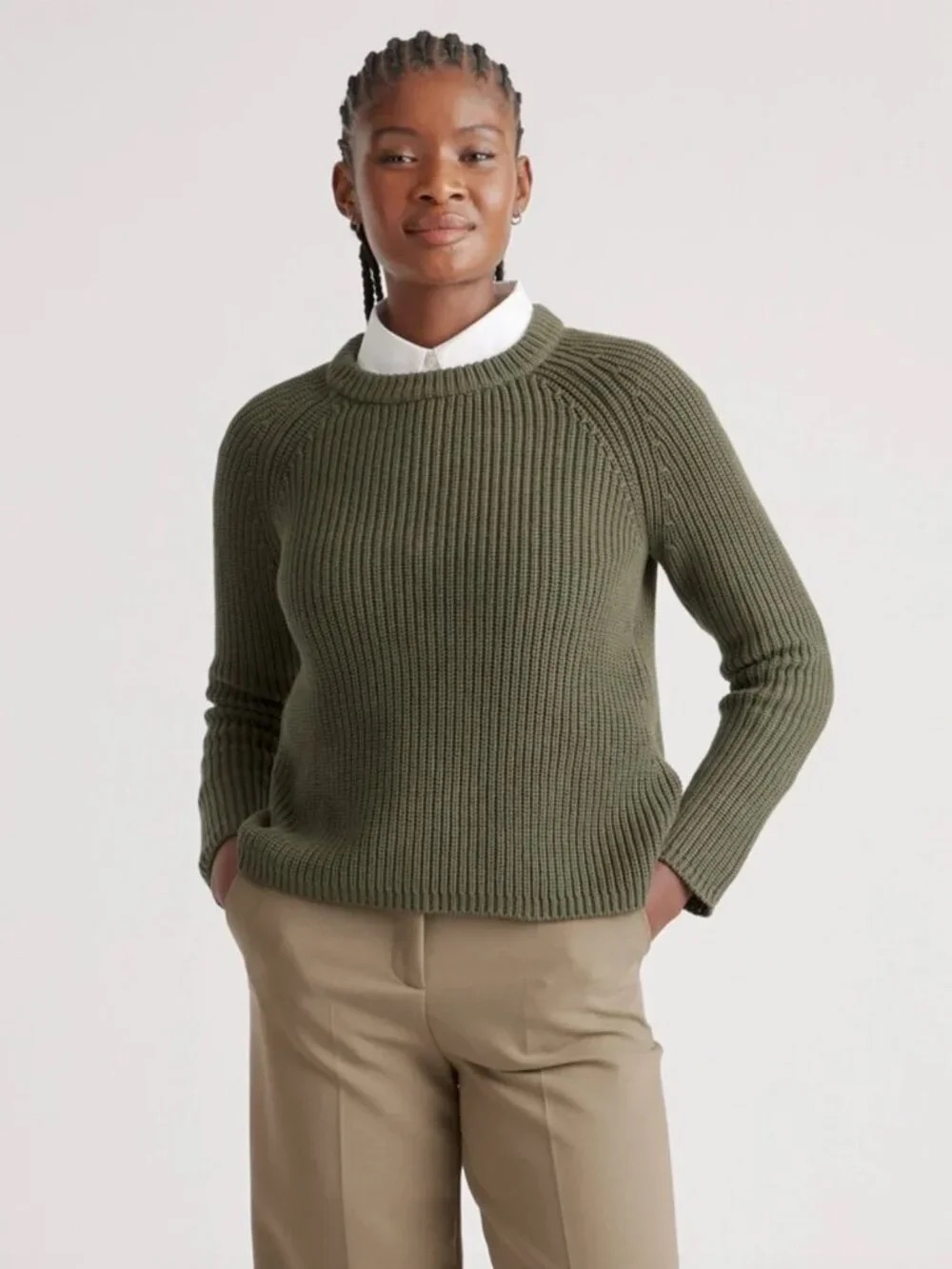 Quince Olive Ribbed Crewneck Fisherman Organic Cotton Sweater $110
